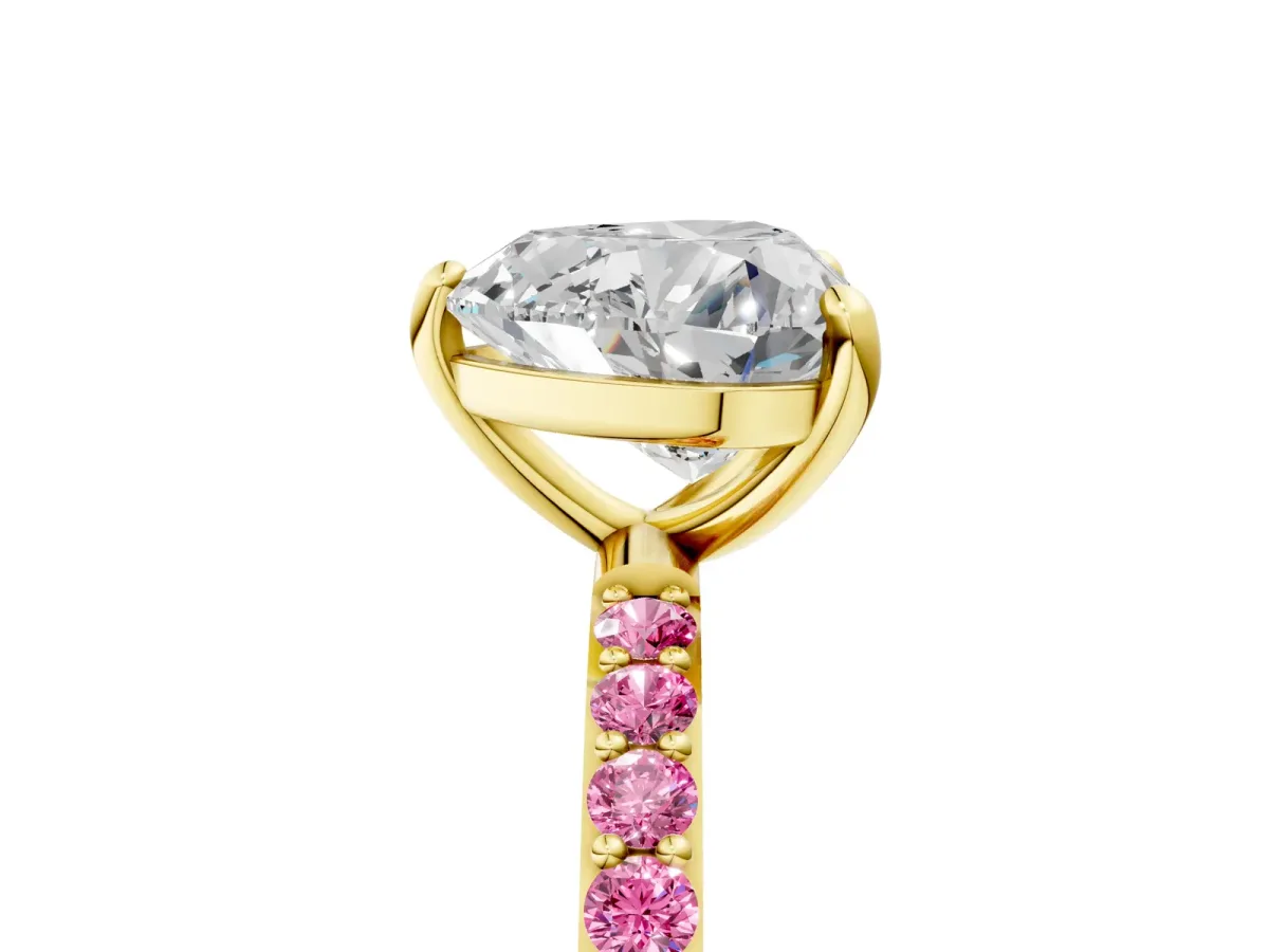 Heart Cut Diamond Solitaire Ring with Round Pink Sapphire Pavé Band and Prong Setting Yellow gold