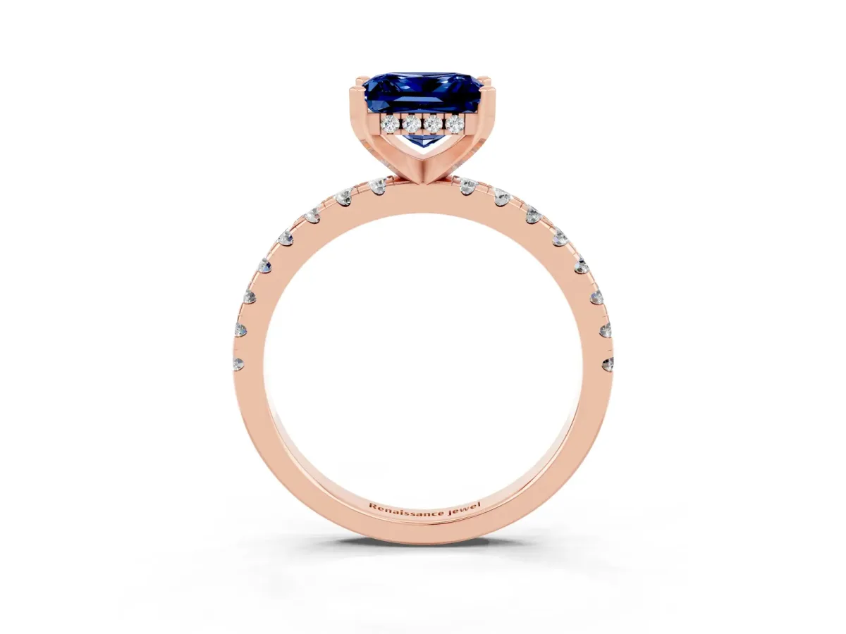 Princess Cut Blue Sapphire Solitaire Ring with Round Pavé Band and Four-Prong Setting Rose gold