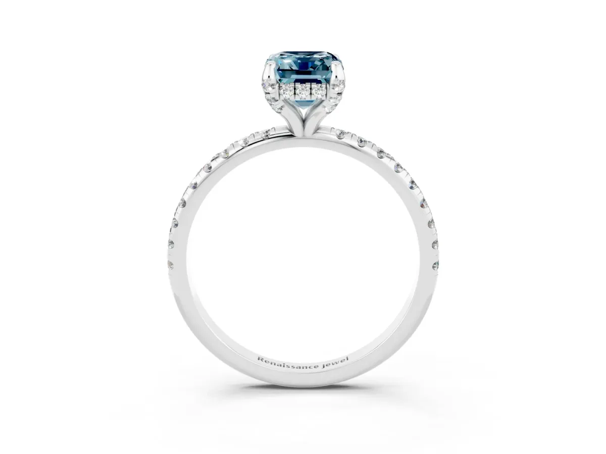 Emerald Cut Aquamarine Hidden Halo Engagement Ring with Round Pavé Band and Prong Setting Silver