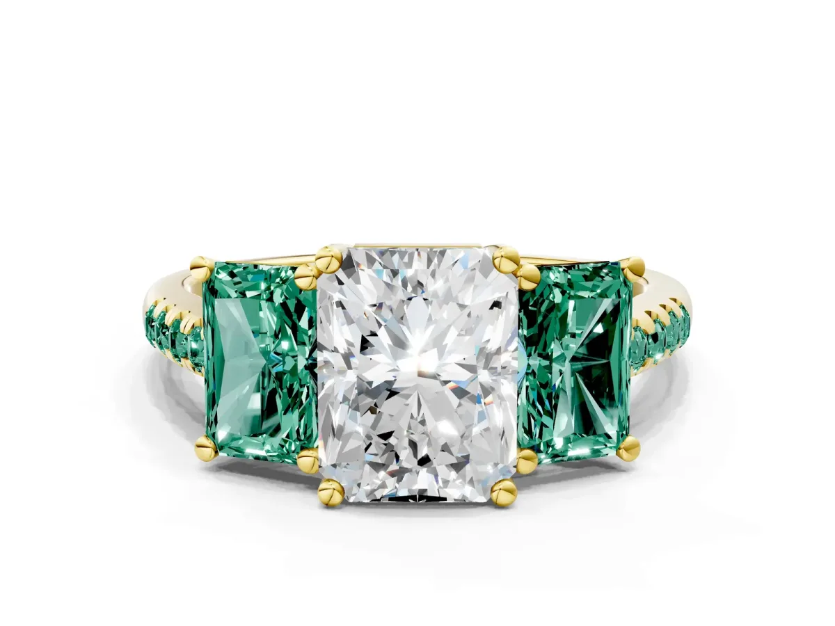 Three-Stone Radiant Cut Diamond Ring with Round Green Sapphire Pavé Band and Prong Setting Yellow gold