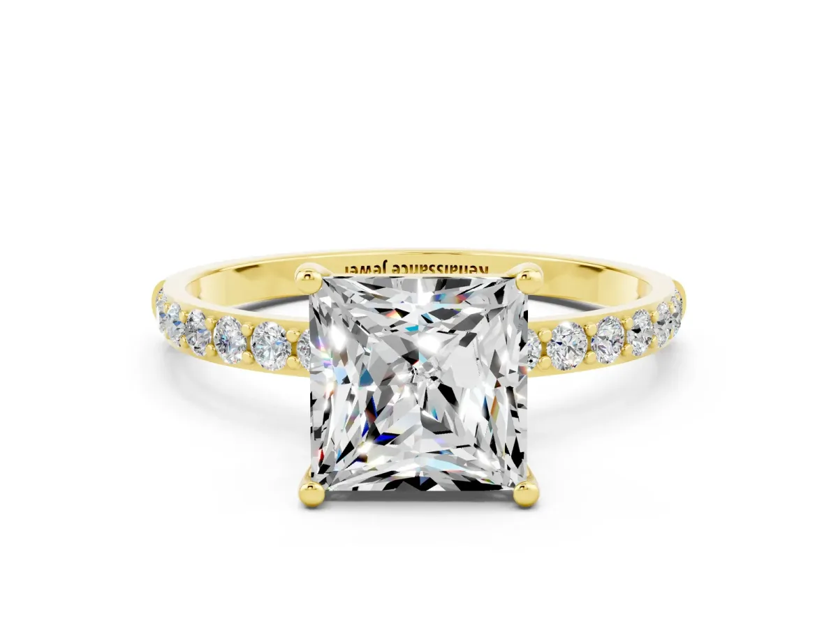 Princess Cut Moissanite Solitaire Ring with Round Pavé Band and Prong Setting Yellow gold