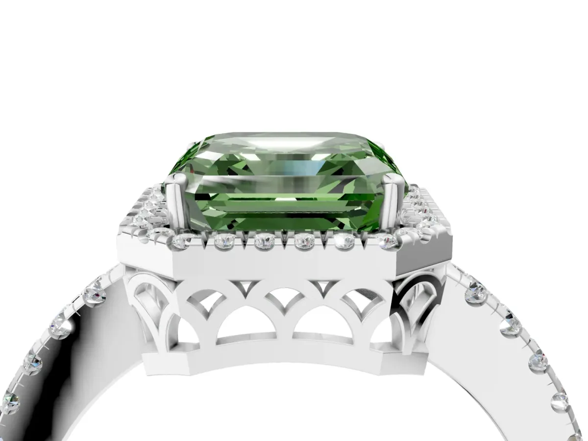 Fancy Green Asscher Cut Halo Diamond Engagement Ring with Pavé Band and Four-Prong Setting Platinum