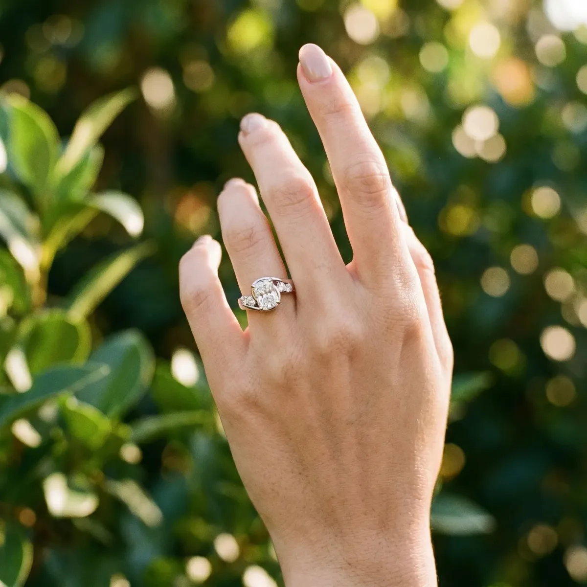 Bezel Set Radiant Cut Diamond Bypass Ring with Round Accents White gold