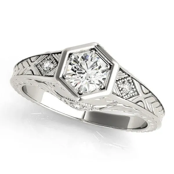 Hexagonal Bezel Round Cut Diamond Engraved Band Prong Ring Platinum