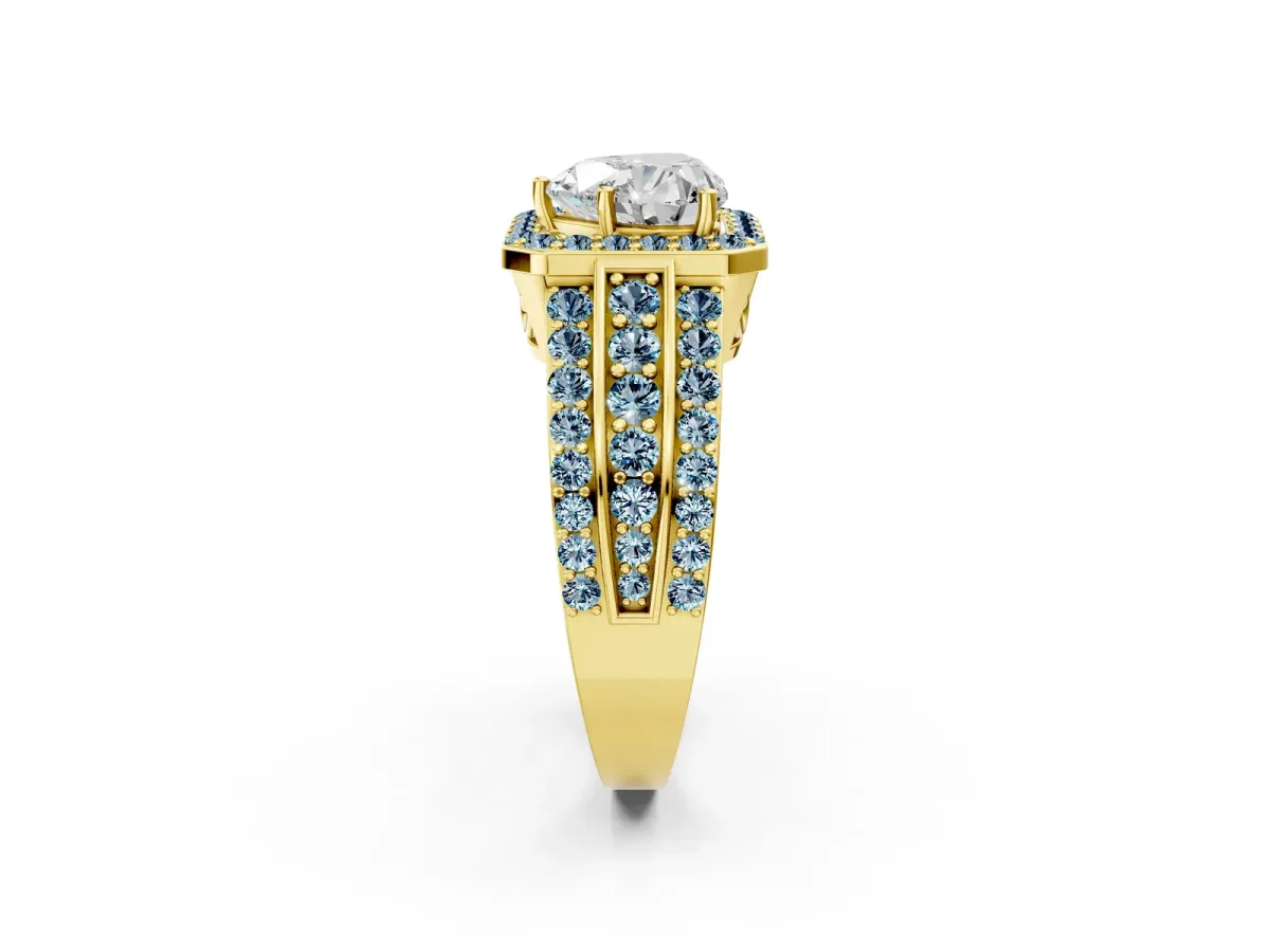 Heart Cut Halo Diamond Ring with Round Aquamarine Split Shank and Prong Setting Yellow gold