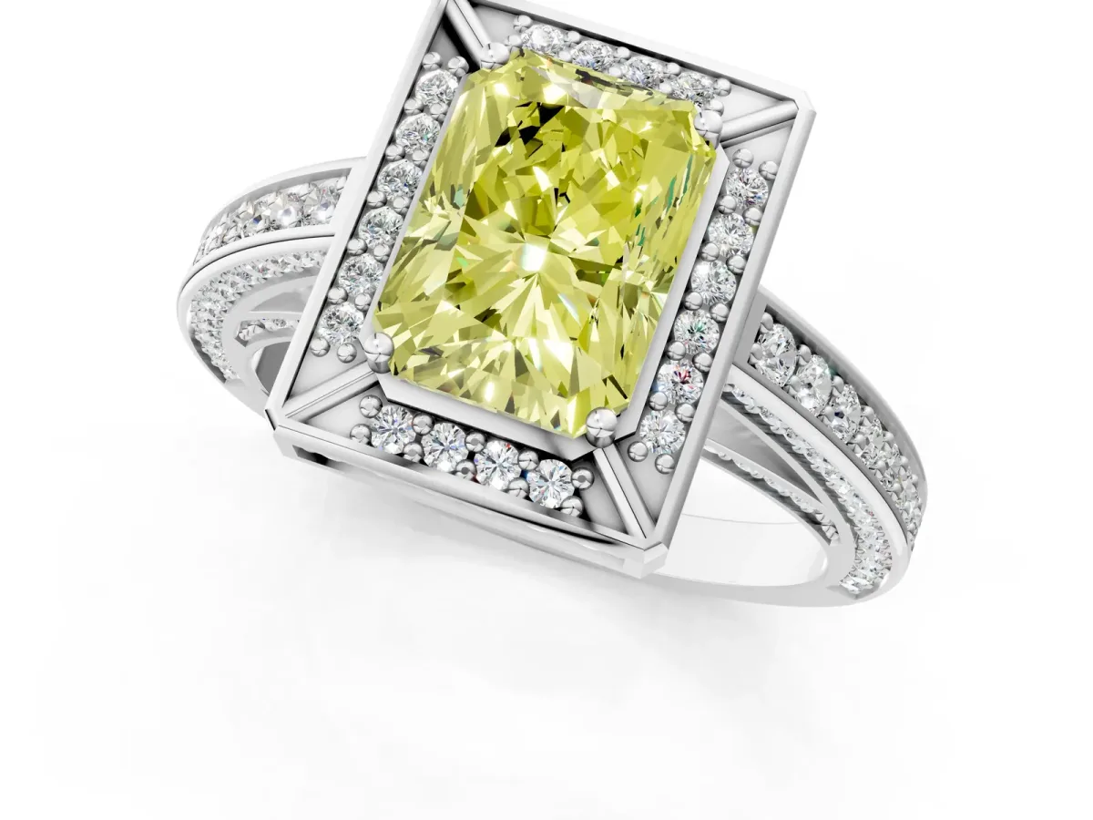 Fancy Yellow Radiant Cut Cut Halo Pave Split Shank Prong Setting Ring Platinum