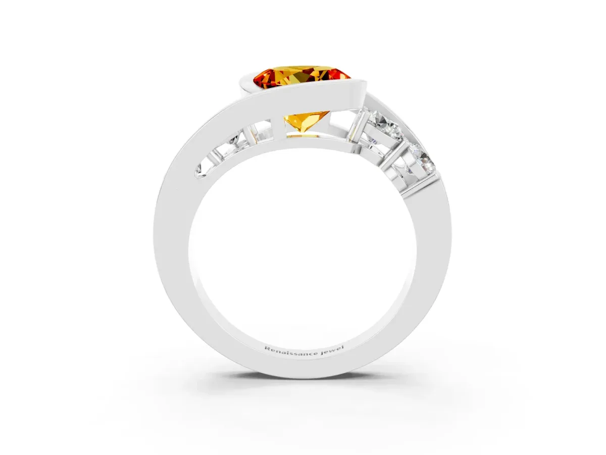 Bezel Set Round Cut Citrine Bypass Ring with Round Accents Silver