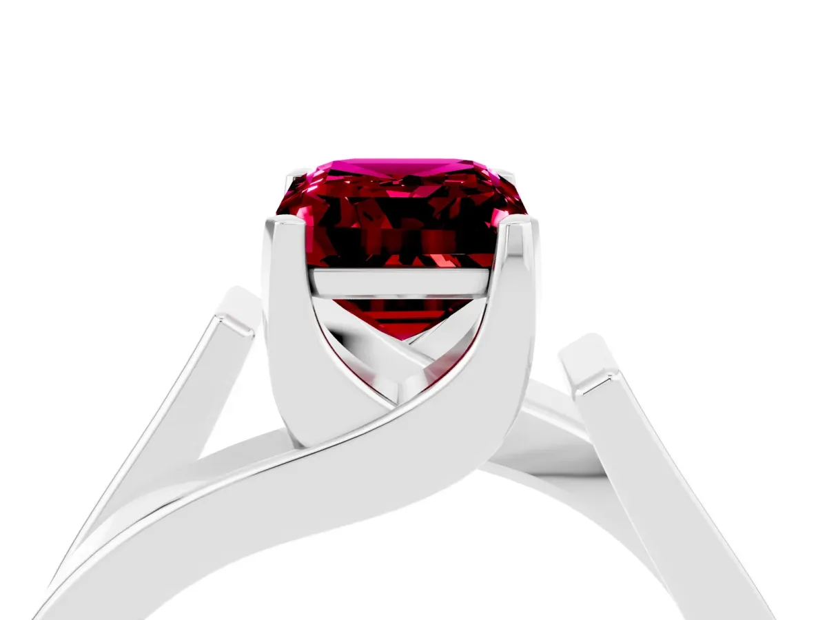 Modern Tension Set Emerald Cut Garnet Solitaire Wide Band Ring Silver