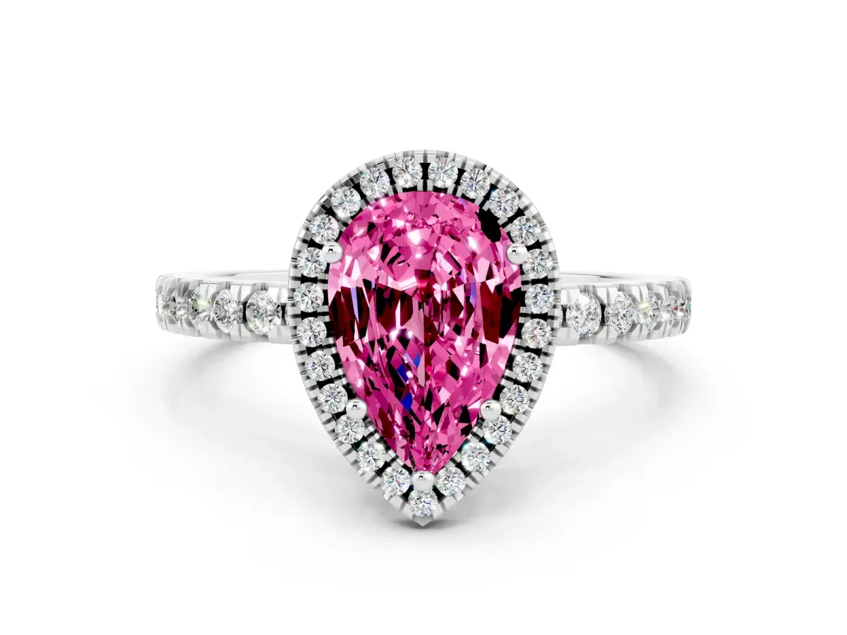 Pear Cut Pink Sapphire Classic Halo Engagement Ring with Round Pavé Band and Prong Setting Silver