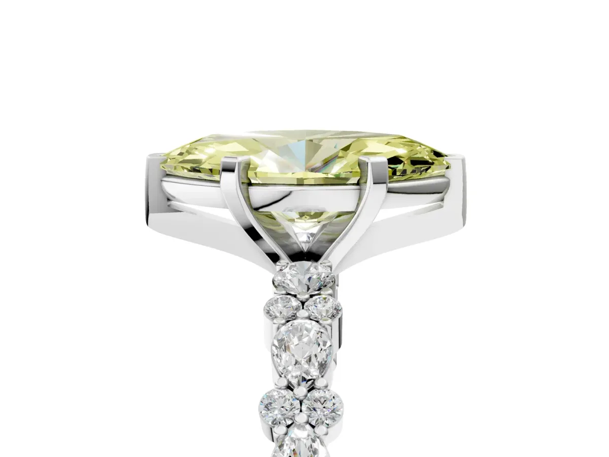 Fancy Yellow Marquise Cut Diamond Side Stone Solitaire Ring with Round and Four-Prong Setting Platinum