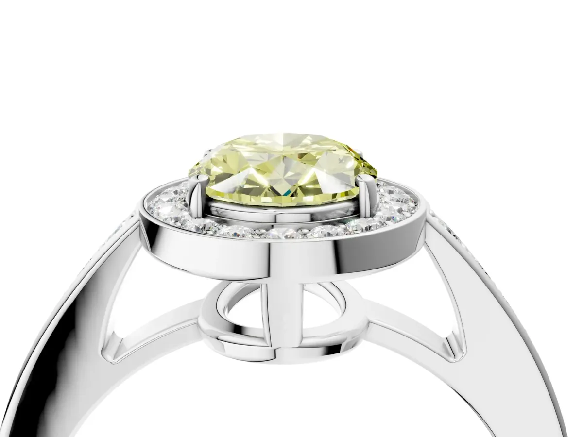 Fancy Yellow Oval Cut Halo Pavé Diamond Engagement Ring with Bezel Setting Silver