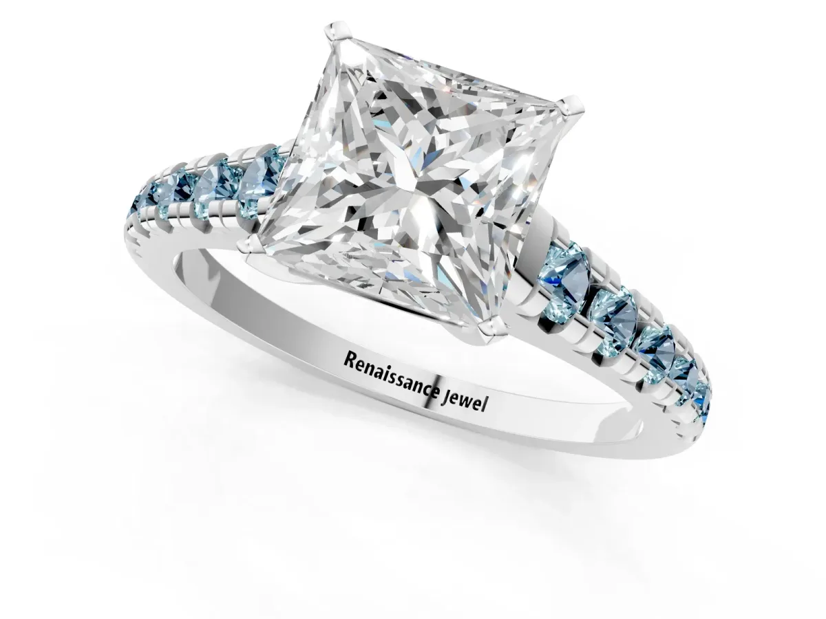 Princess Cut Diamond Cathedral Solitaire Ring with Round Aquamarine Pavé Band White gold