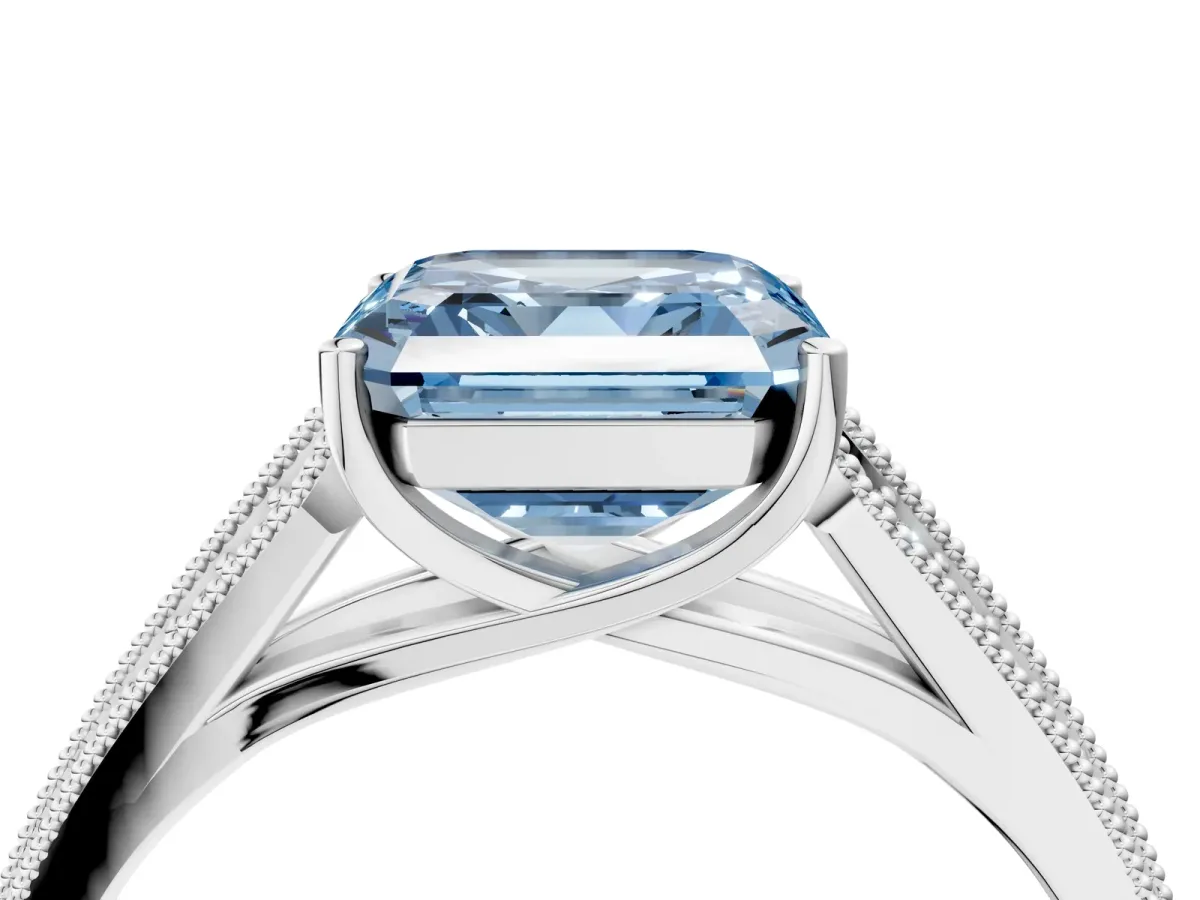 Fancy Blue Asscher Cut Cut Pave Split Shank Engagement Ring with Four-Prong Setting Platinum