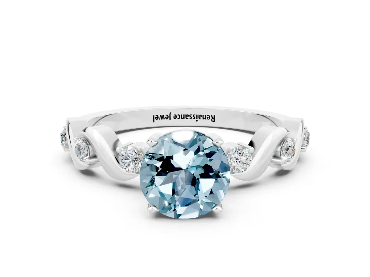Round Cut Aquamarine Solitaire Twisted Band with Round Accents and Prong Setting White gold