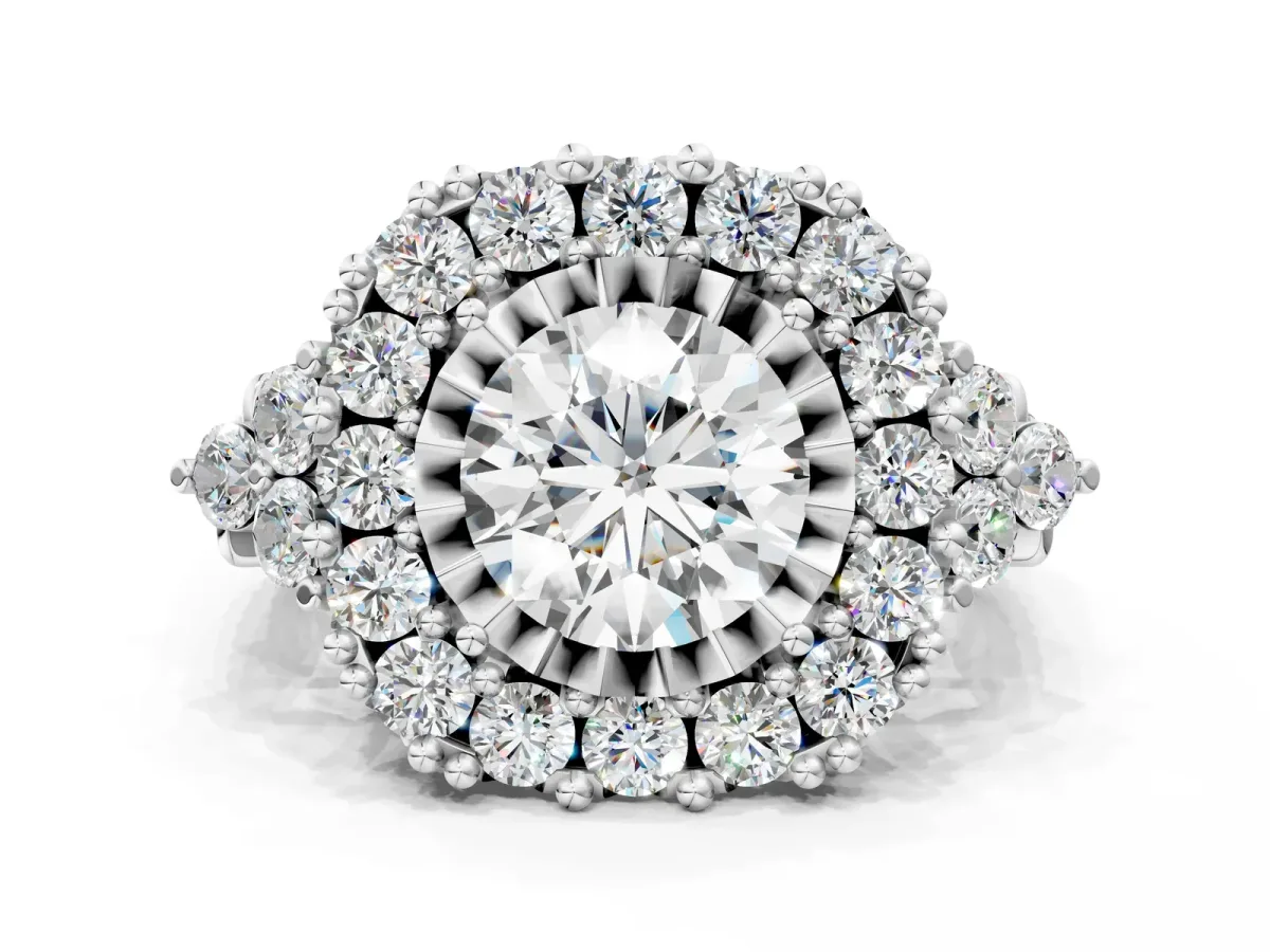 Round Cut Diamond Halo Ring with Pavé Band and Four-Prong Setting Silver