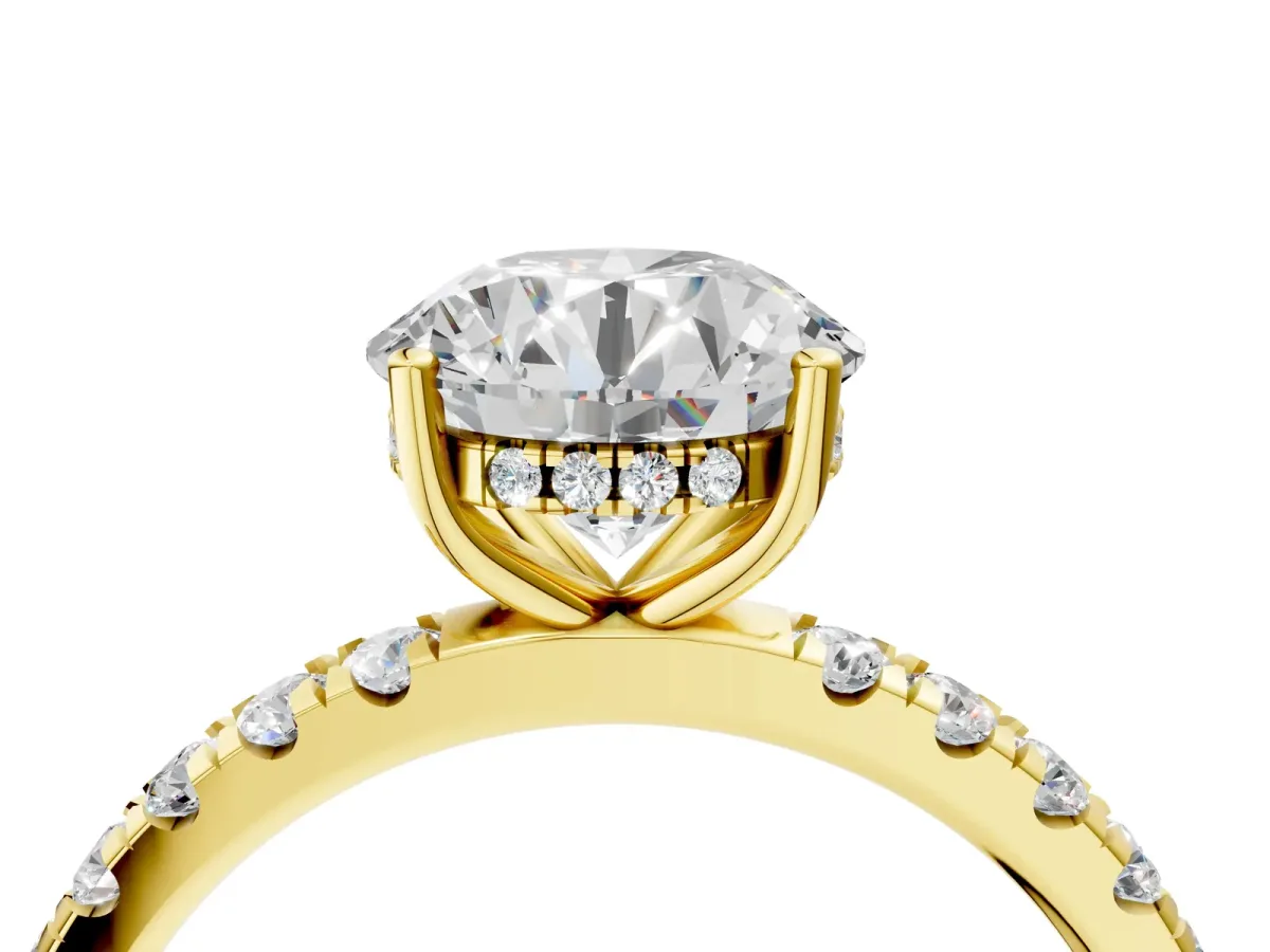 Round Cut Diamond Pave Band Solitaire Ring with Round Moissanite and Prong Setting Yellow gold