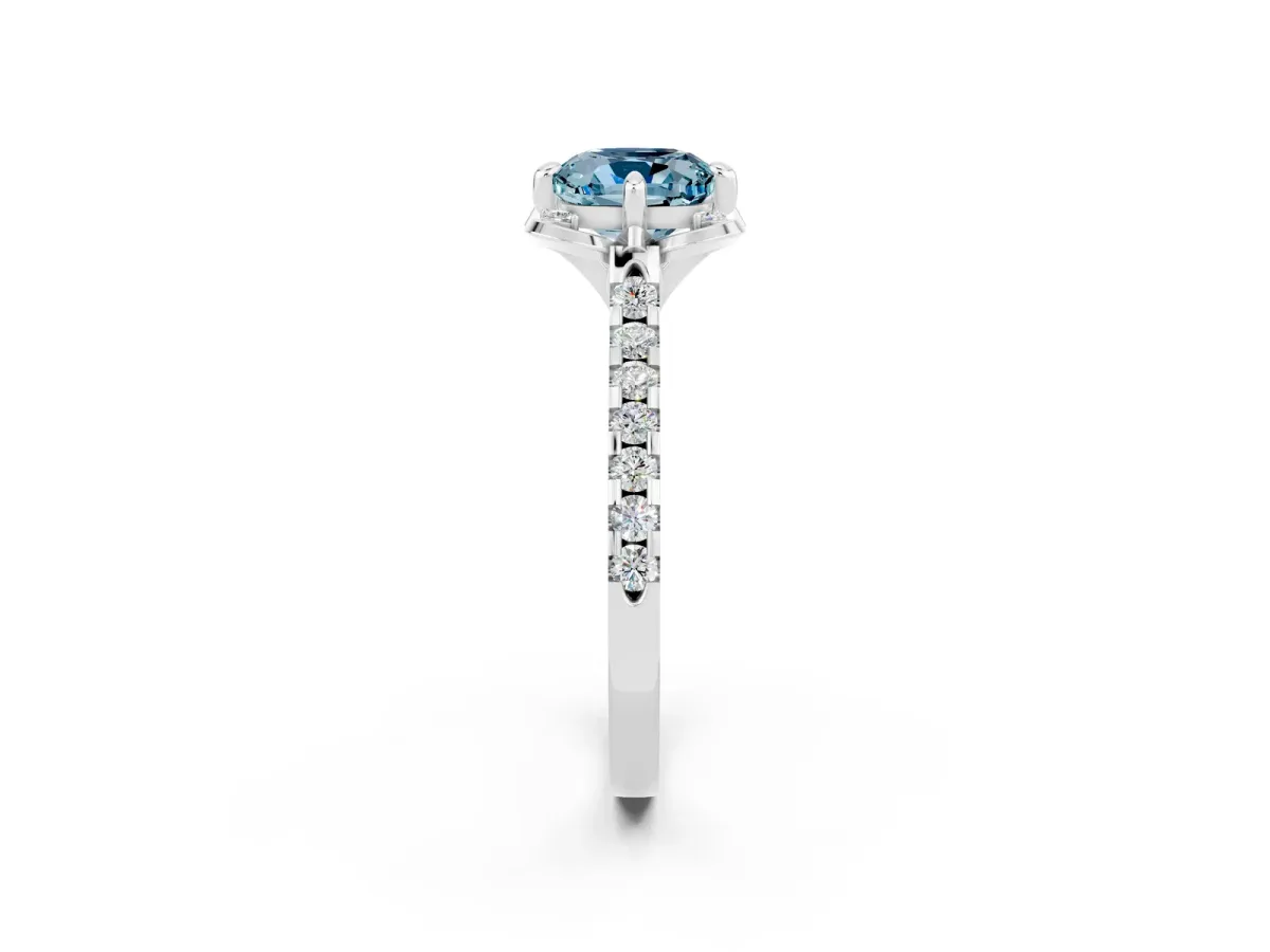Cushion Cut Aquamarine Ring with Pavé Band and Floral Prong Setting White gold