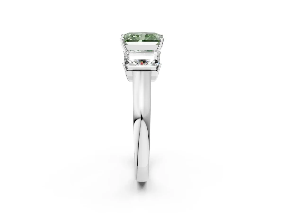 Fancy Green Three-Stone Radiant Cut Brilliant Diamond Trellis Ring with Comfort Fit Band Platinum