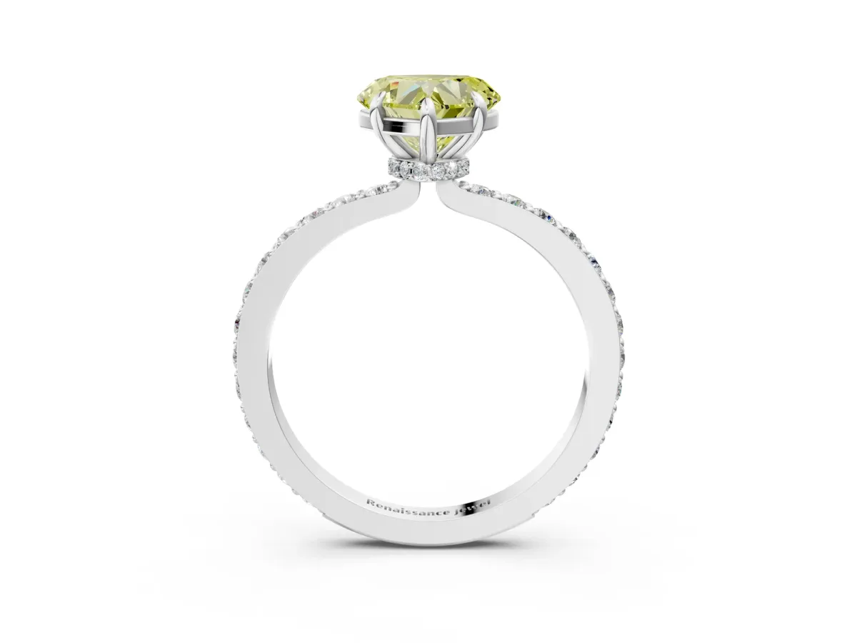 Fancy Yellow Heart Cut Diamond Solitaire Engagement Ring with Pavé Band and Four-Prong Setting White gold