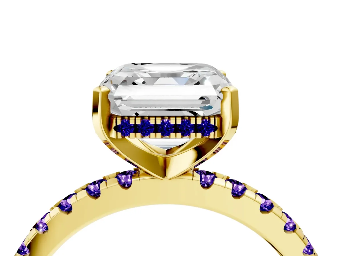 Asscher Cut Diamond Solitaire Ring with Round Tanzanite Pavé Band and Four-Prong Setting Yellow gold