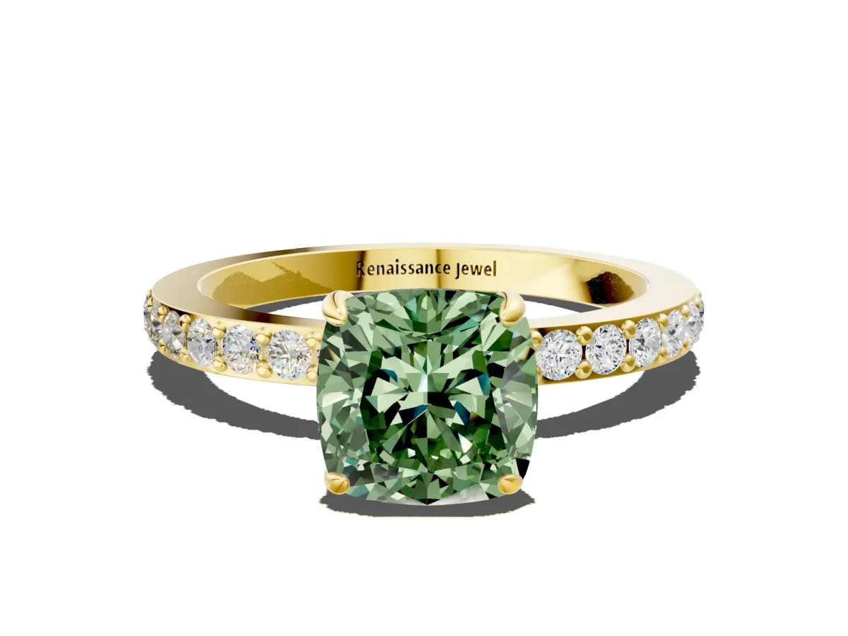 Fancy Green Cushion Cut Diamond Solitaire Engagement Ring with Pavé Band and Four-Prong Setting Yellow gold