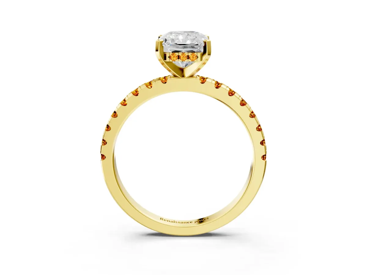 Radiant Cut Diamond Solitaire Ring with Round Citrine Pavé Band and Four-Prong Setting Yellow gold