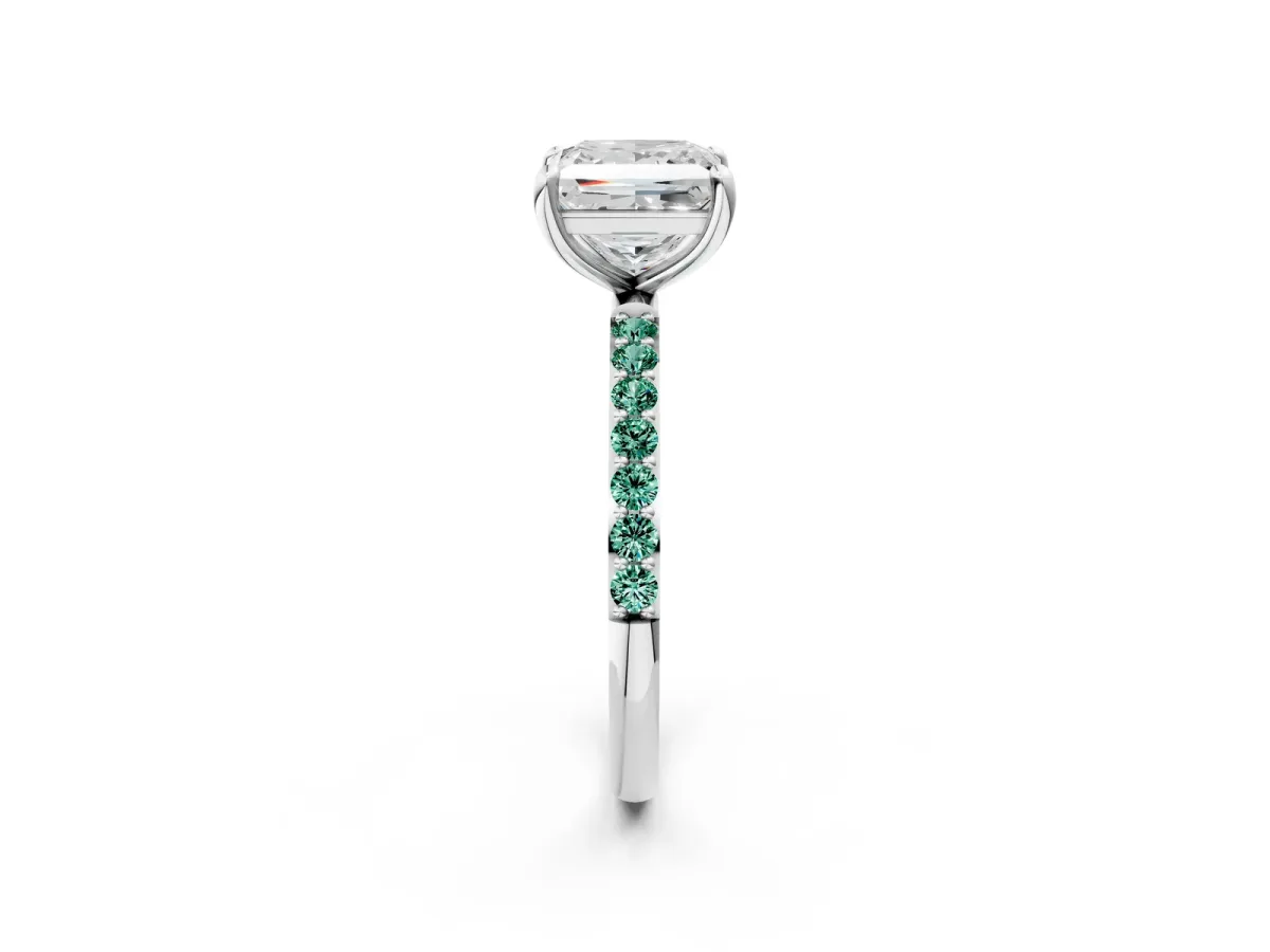 Princess Cut Diamond Solitaire Ring with Round Green Sapphire Pavé Band and Prong Setting White gold