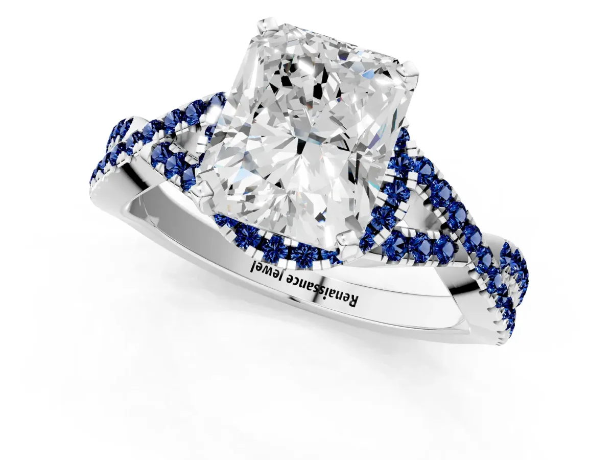 Radiant Cut Diamond Blue Sapphire Halo Twist Band Solitaire Prong Setting Ring White gold