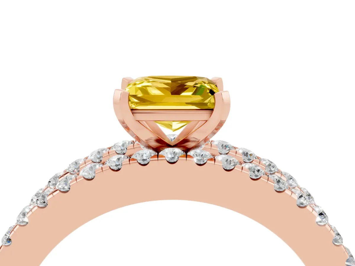 Princess Cut Yellow Sapphire Solitaire Ring with Pavé and Channel Set Band Rose gold