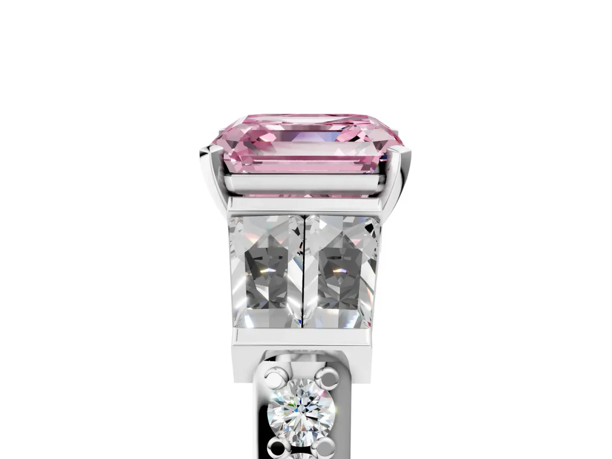Fancy Pink Asscher Cut Diamond Engagement Ring with Baguette Side Stones and Channel Set Band Platinum
