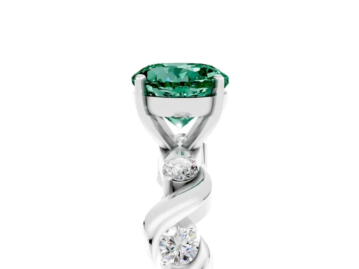 Round Cut Green Sapphire Solitaire Twisted Band with Round Accents and Prong Setting White gold