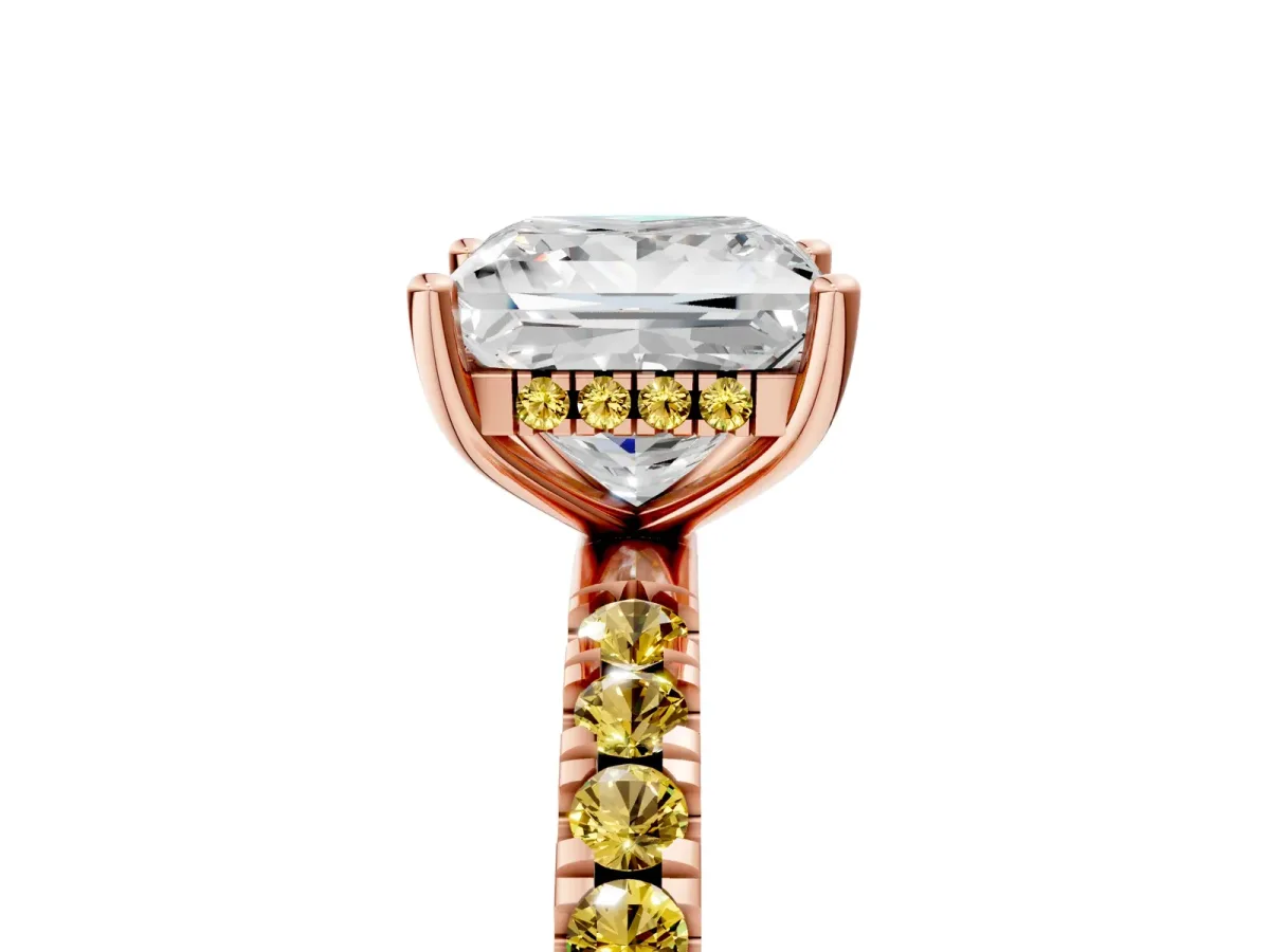 Princess Cut Diamond Pave Band Solitaire Ring with Round Yellow Sapphire and Prong Setting Rose gold