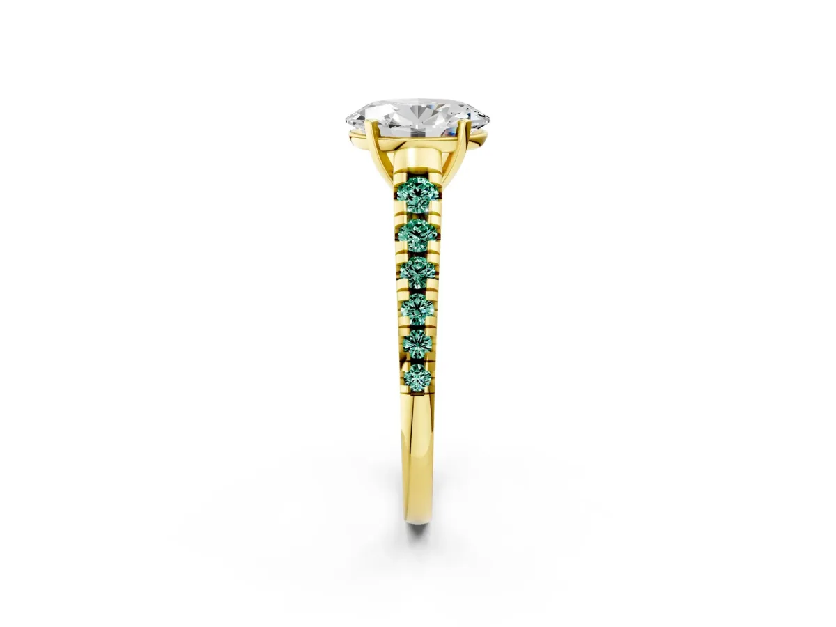 Oval Cut Diamond Cathedral Solitaire Ring with Round Green Sapphire Pavé Band Yellow gold
