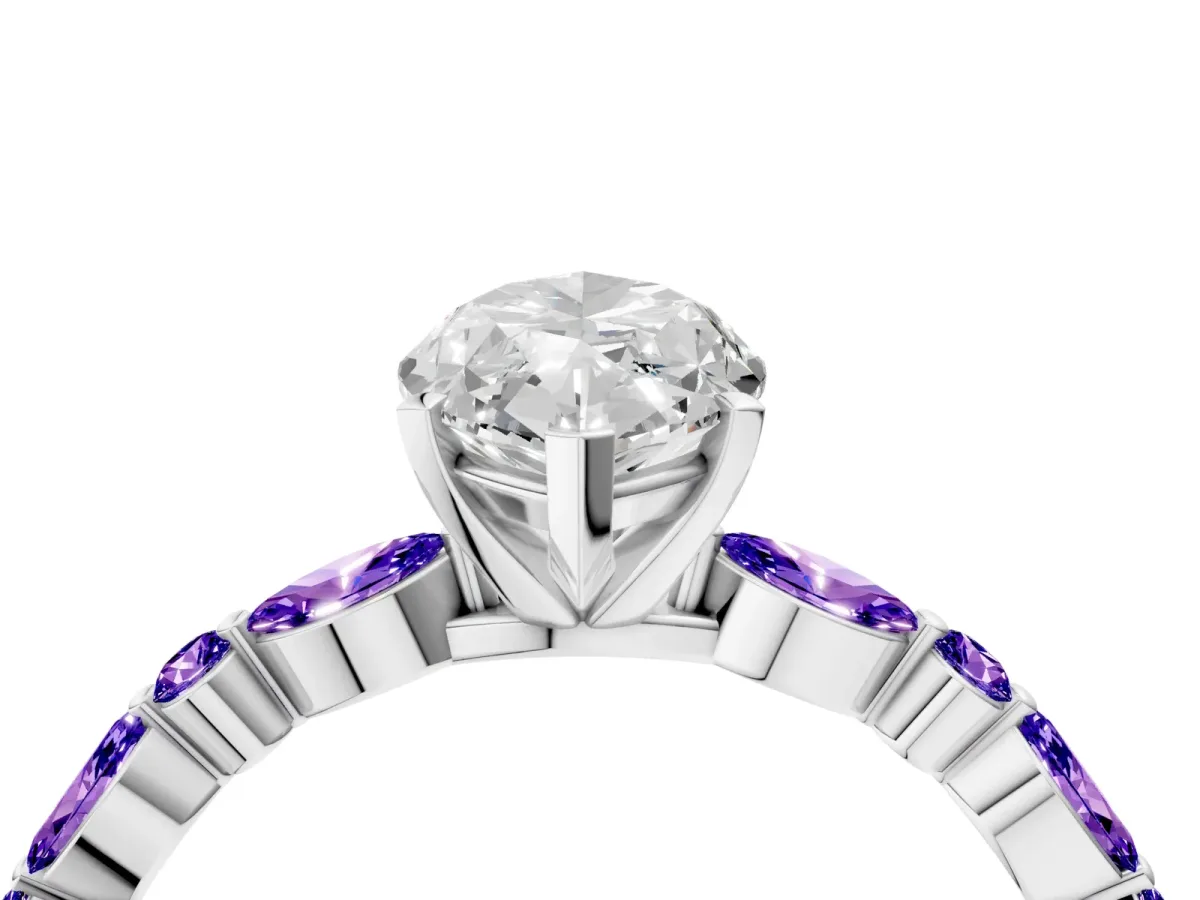 Marquise Cut Diamond Ring with Marquise and Round Tanzanite Side Stones and Four-Prong Setting White gold