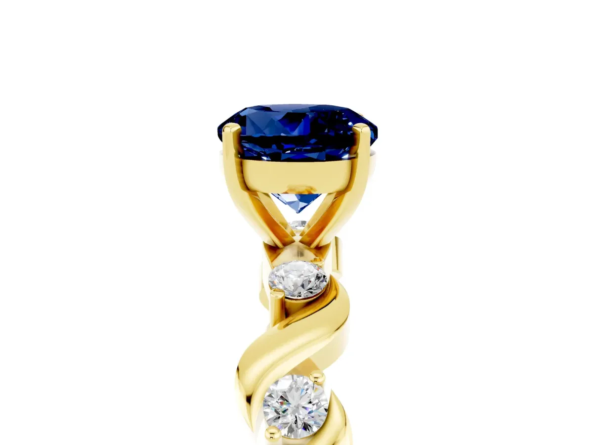 Round Cut Blue Sapphire Solitaire Twisted Band with Round Accents and Prong Setting Yellow gold