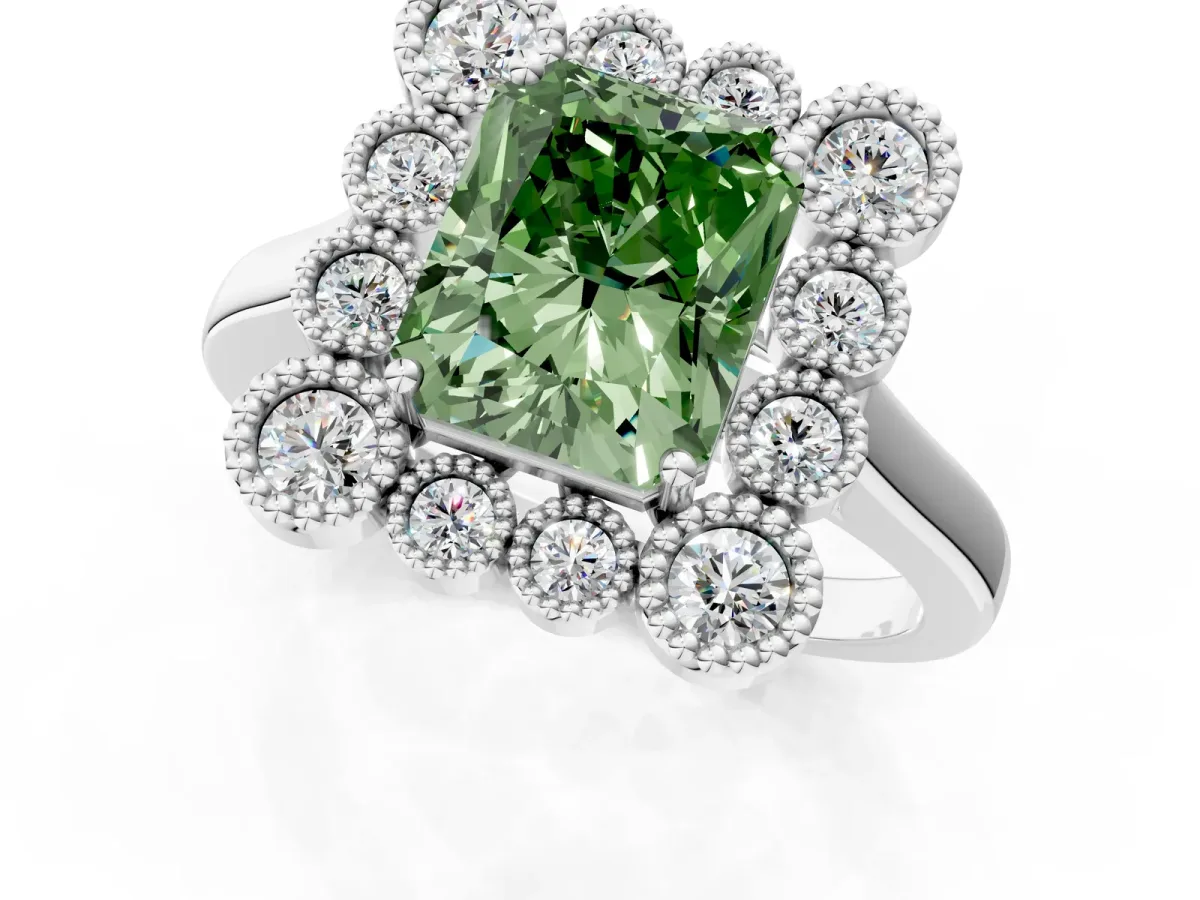 Fancy Green Radiant Cut Halo Diamond Cluster Engagement Ring with Milgrain Bezel Setting and Solitaire Band Platinum