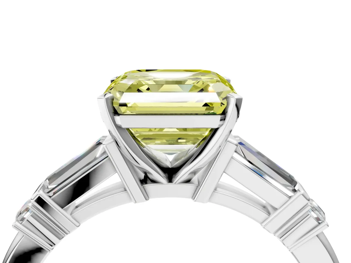 Fancy Yellow Asscher Cut Cut Diamond Ring with Baguette Side Stones, Channel Set Band, and Four-Prong Setting Platinum
