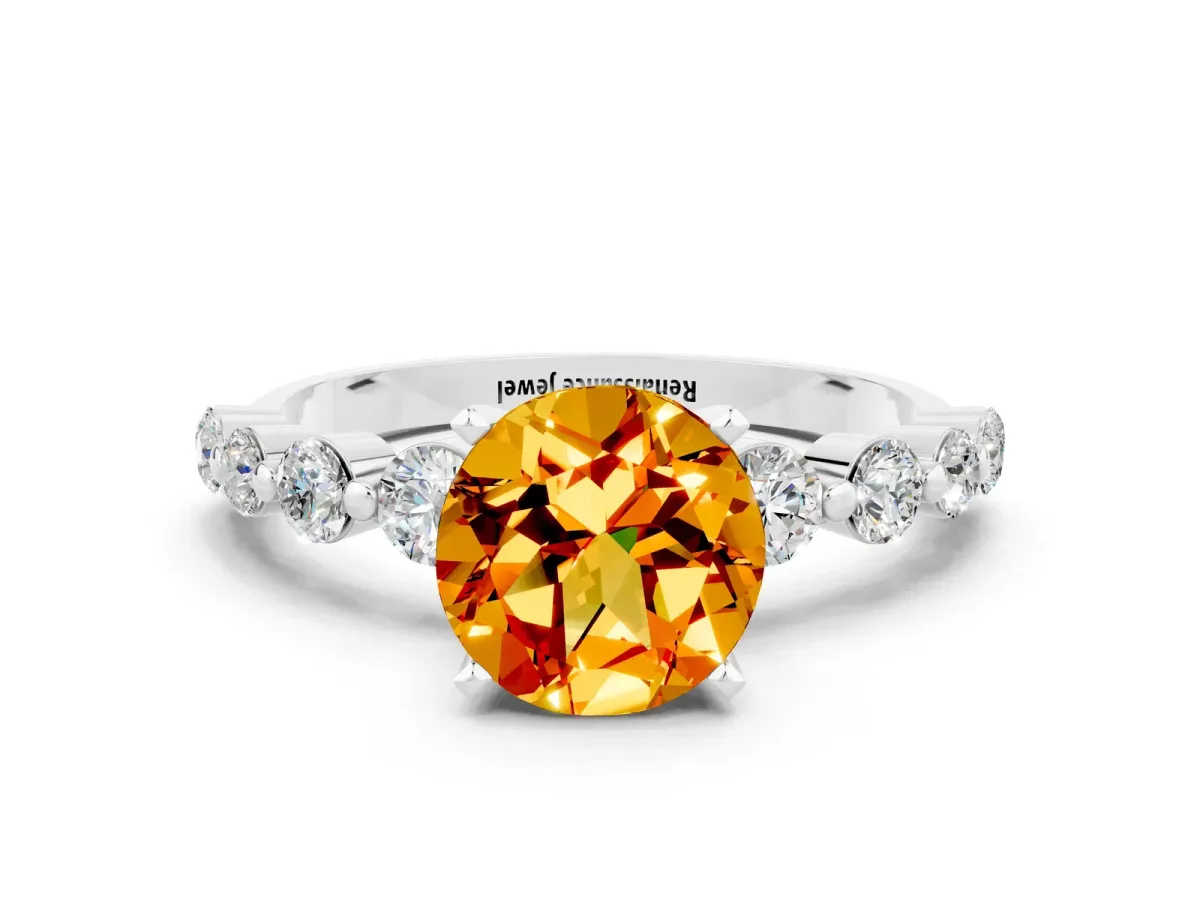 Round Cut Solitaire Citrine Ring with Pave Band and Four-Prong Setting Silver