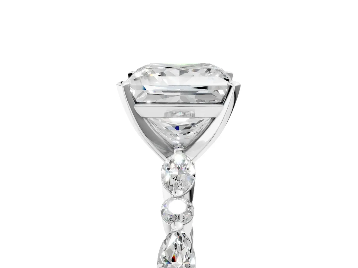 Princess Cut Diamond Ring with Marquise and Round Moissanite Side Stones and Four-Prong Setting Silver