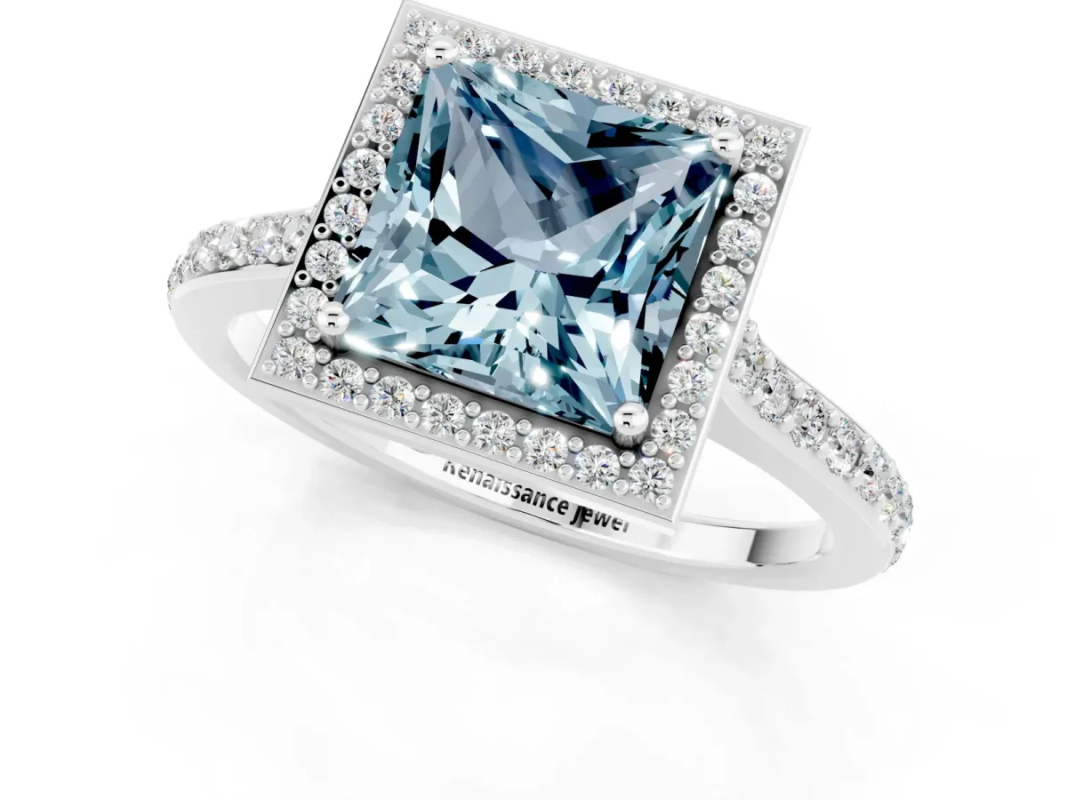 Princess Cut Aquamarine Halo Engagement Ring with Round Pavé Shoulders and Prong Setting Silver