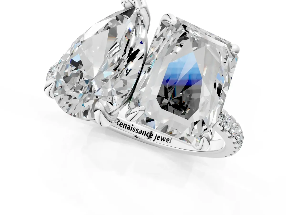 Pear and Emerald Toi Moi Ring with Prong Setting and Micro Pave Band Platinum