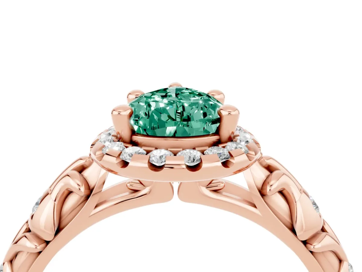 Pear Cut Green Sapphire Halo Ring with Filigree Band and Prong Setting Rose gold