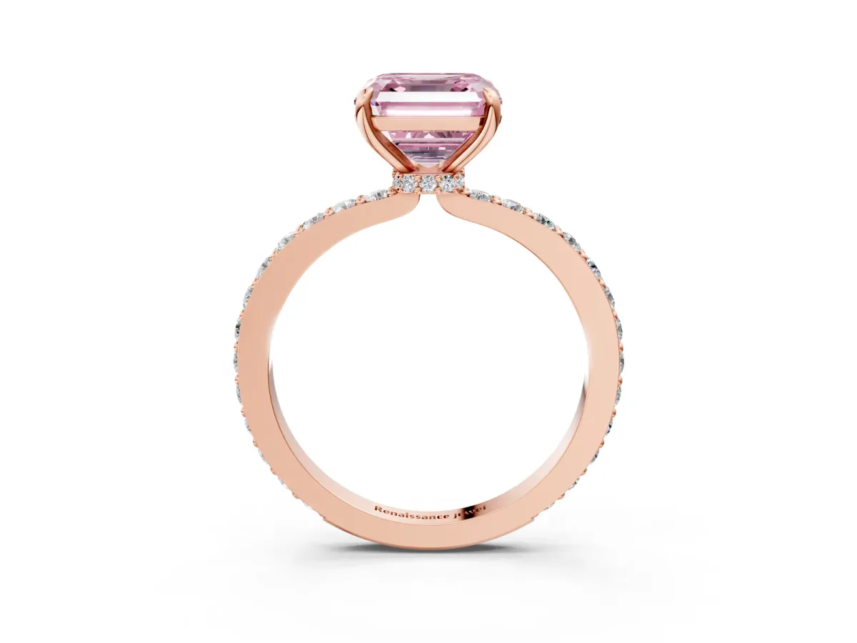 Fancy Pink Asscher Cut Diamond Solitaire Engagement Ring with Pavé Band and Four-Prong Setting Rose gold