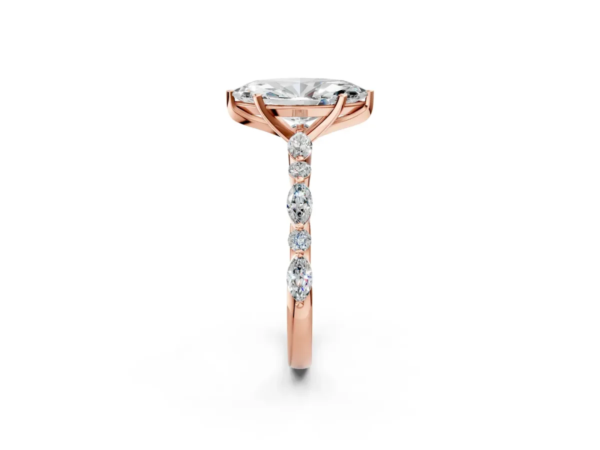 Marquise Cut Diamond Ring with Marquise and Round Side Stones and Four-Prong Setting Rose gold