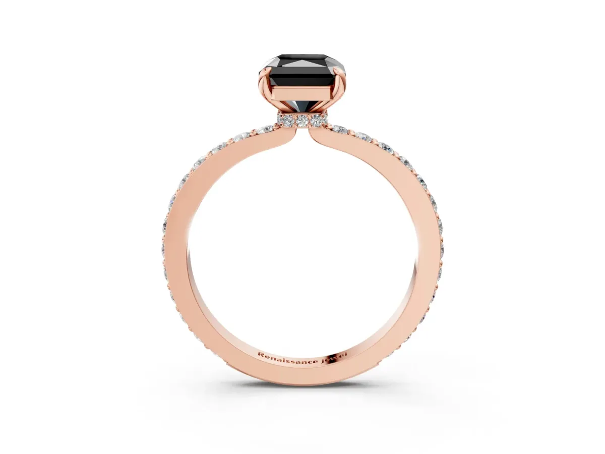 Fancy Black Radiant Cut Diamond Solitaire Engagement Ring with Pavé Band and Four-Prong Setting Rose gold