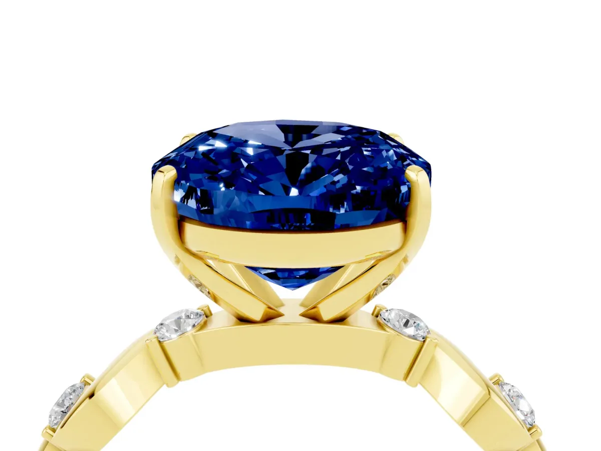 Oval Cut Blue Sapphire Solitaire Twisted Band with Round Accents and Prong Setting Yellow gold