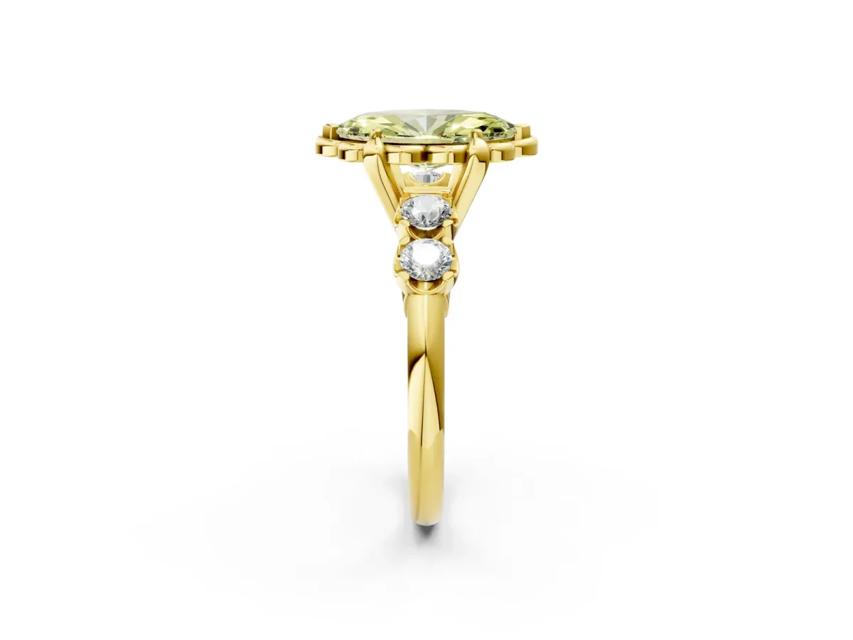 Fancy Yellow Marquise Cut Cut Diamond Floral Halo Engagement Ring with Shared Prong Setting Yellow gold