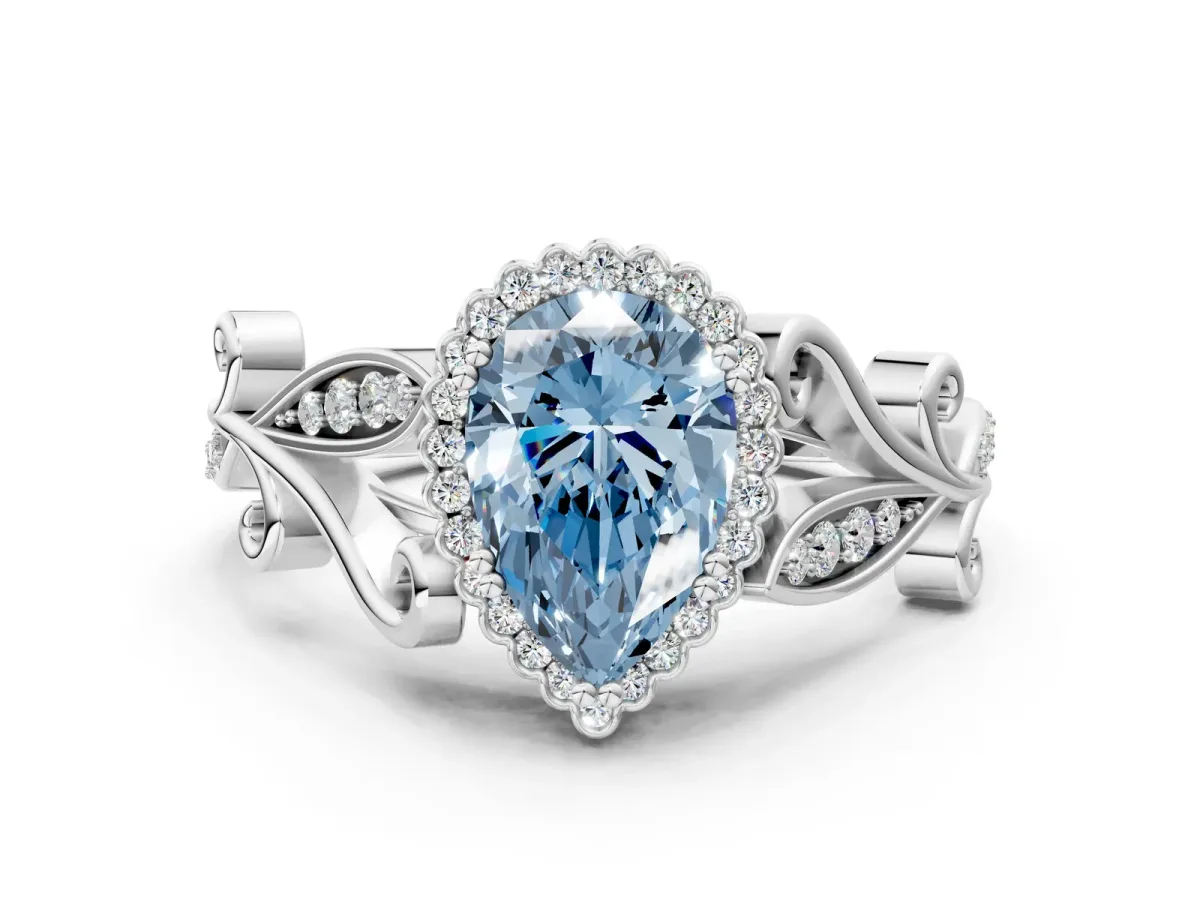 Fancy Blue Pear Cut Diamond Halo Ring with Vintage Split Shank and Four-Prong Setting Platinum