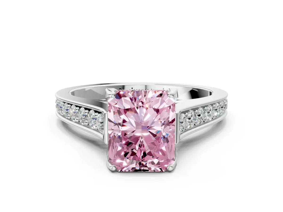 Fancy Pink Radiant Cut Brilliant Cut Diamond Engagement Ring with Pavé Band and Four-Prong Setting Platinum