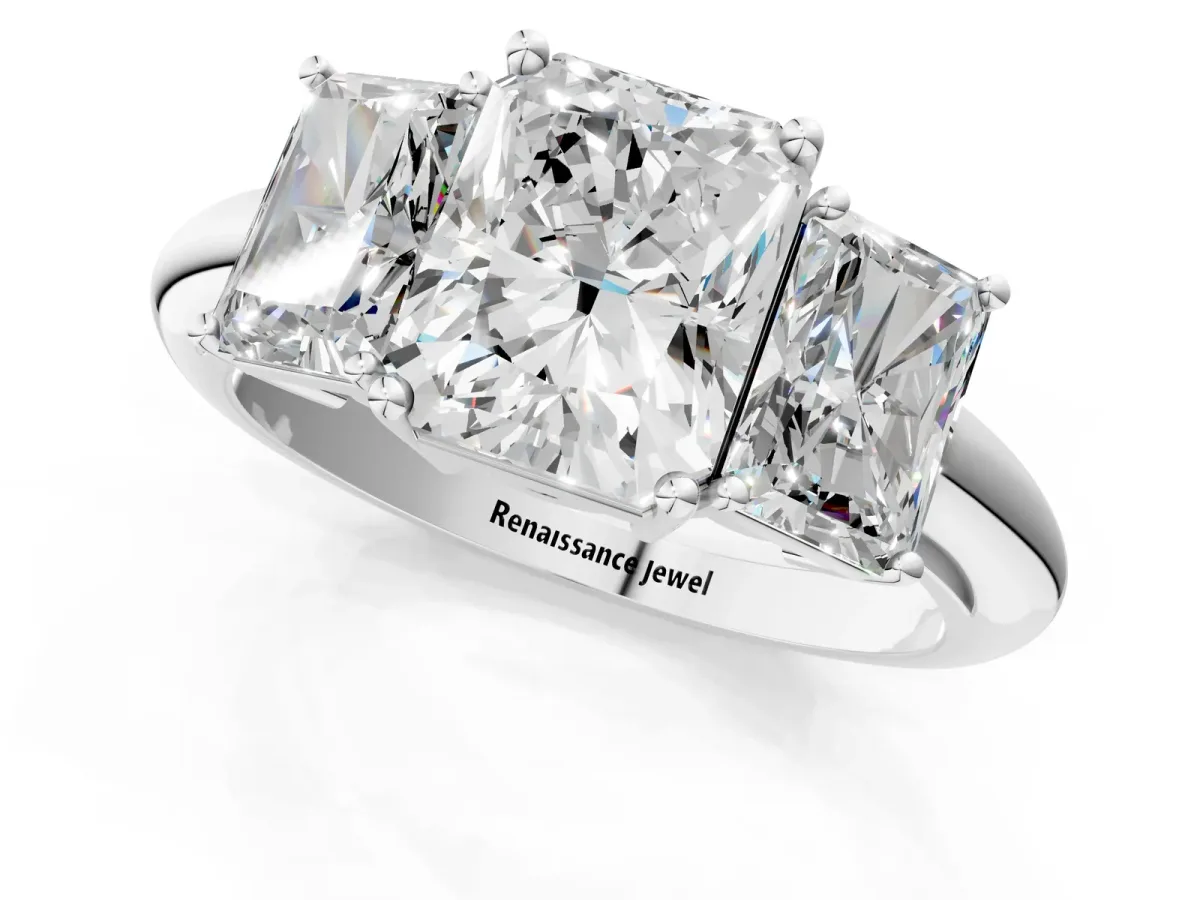 Three-Stone Radiant Cut Cut Diamond Engagement Ring with Prong Setting on a White Gold Band Silver